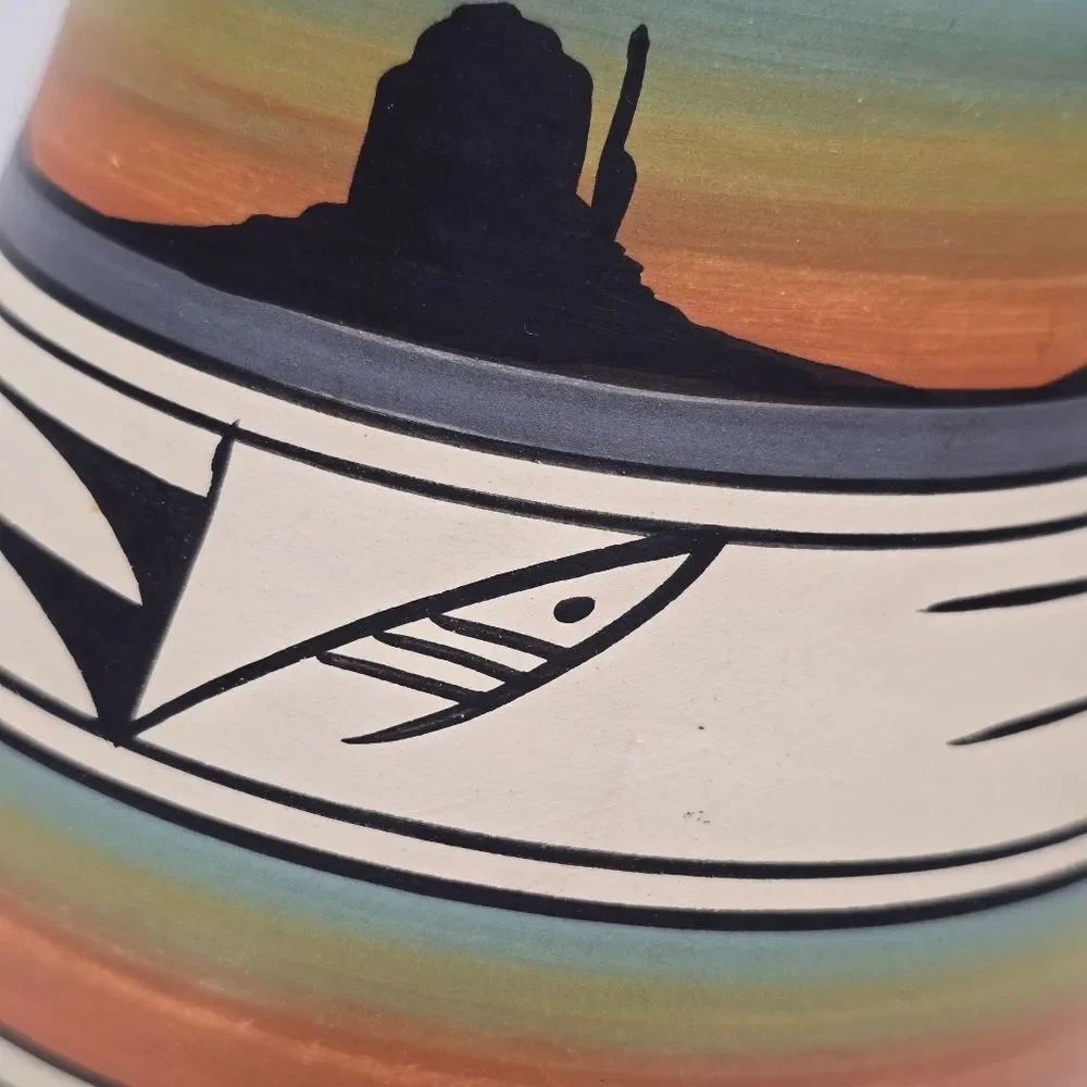 Native American Hand Painted Pottery Vase Signed By Wallace T. Navajo Folk Art